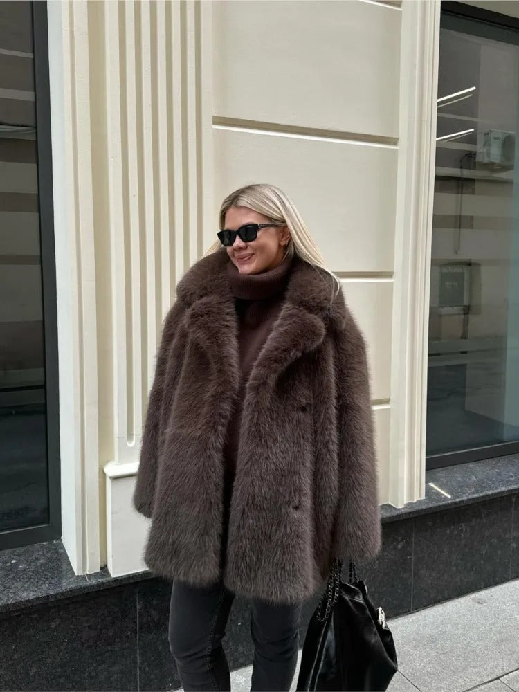 Damen Kunstfell-Jacke Modern Voluminöse Ärmel