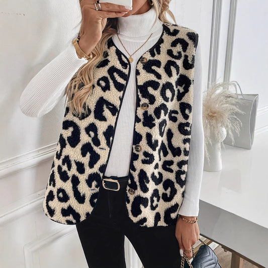 Damen Leopardenweste Futterjacke Trendig Modern - IdealeKleiden