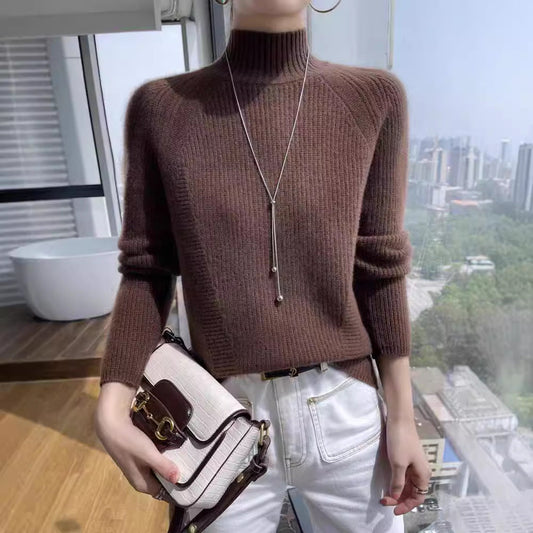 Damen Pullover Langarm Feine Rippstruktur Hochkragen - IdealeKleiden