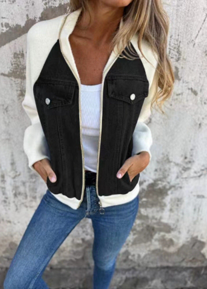 Damen Sweaterjacke Denim Style Fleece Ärmel