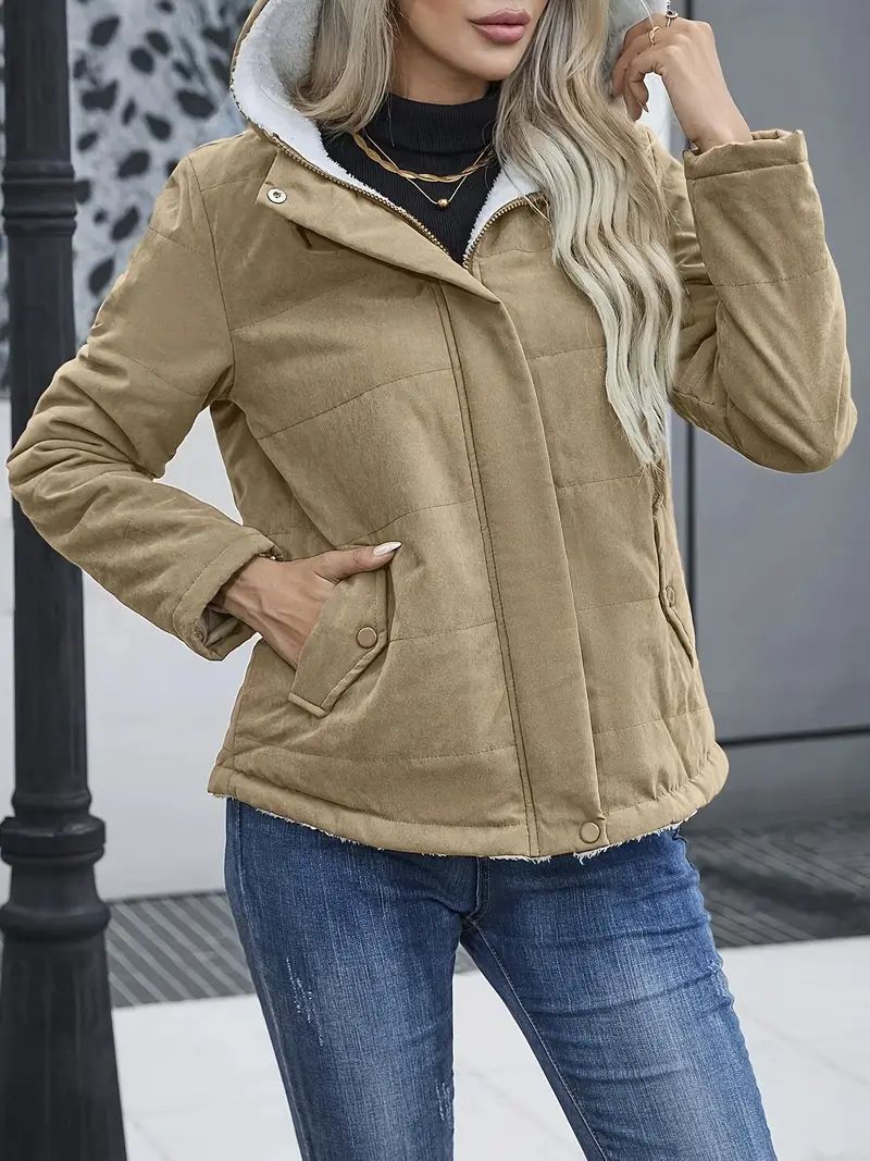Kurzmantel Damen Warm Fleece Kapuze Reißverschluss
