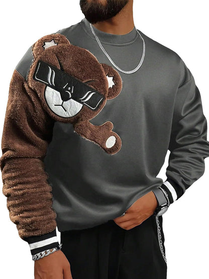 Herren Sweater Bär Applikation Weich Plüsch