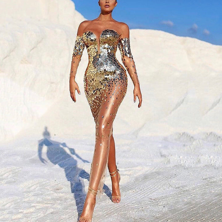 Glitzerndes Abendkleid Damen Elegant Durchsichtige Ärmel