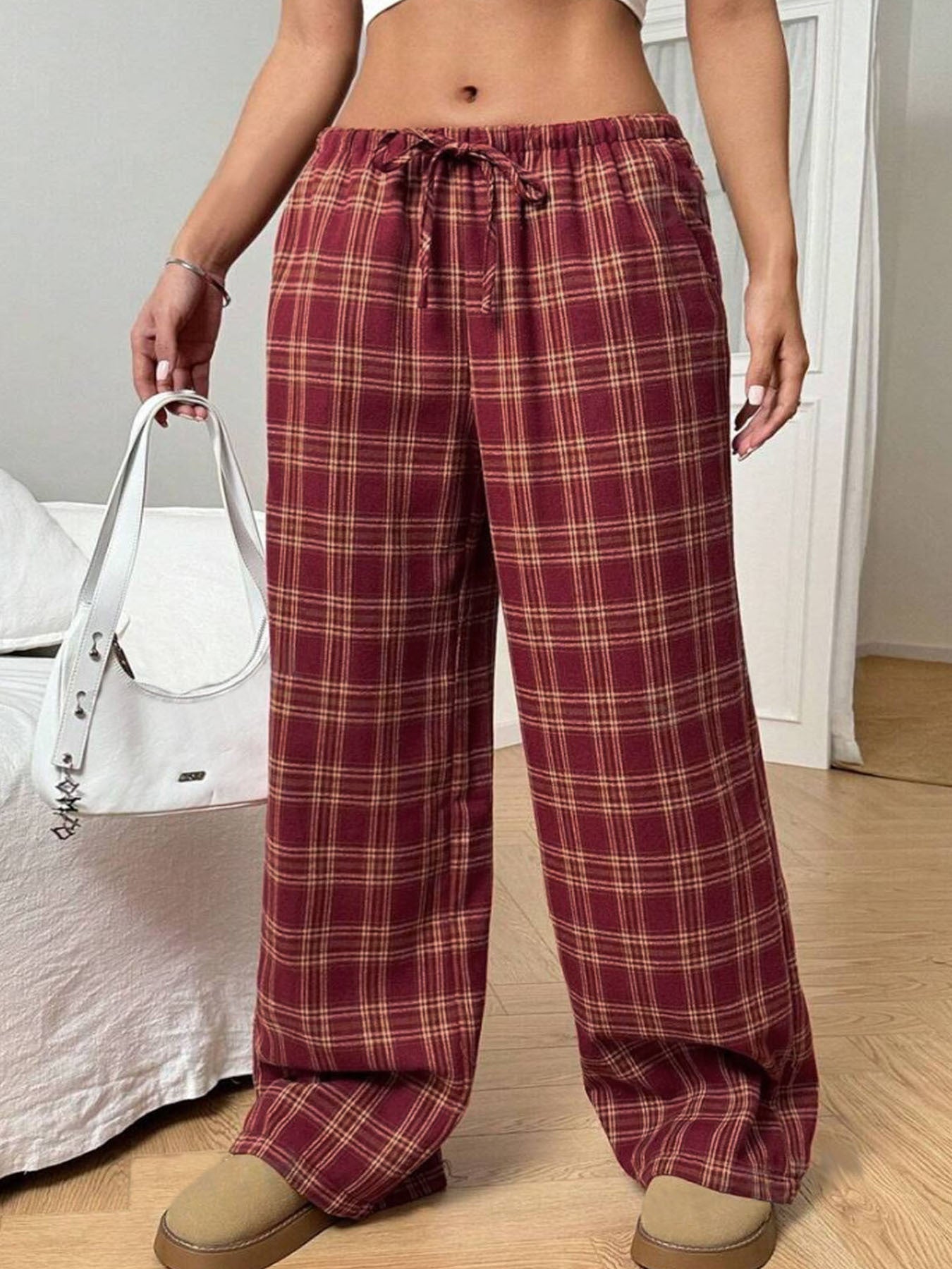 Damen Karohose Bequem Elastisch Mit Taschen