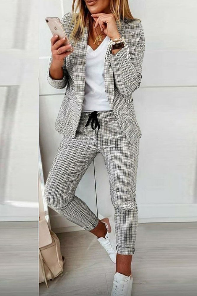 Karo Blazer Mantel &amp; Kordelzughose Set