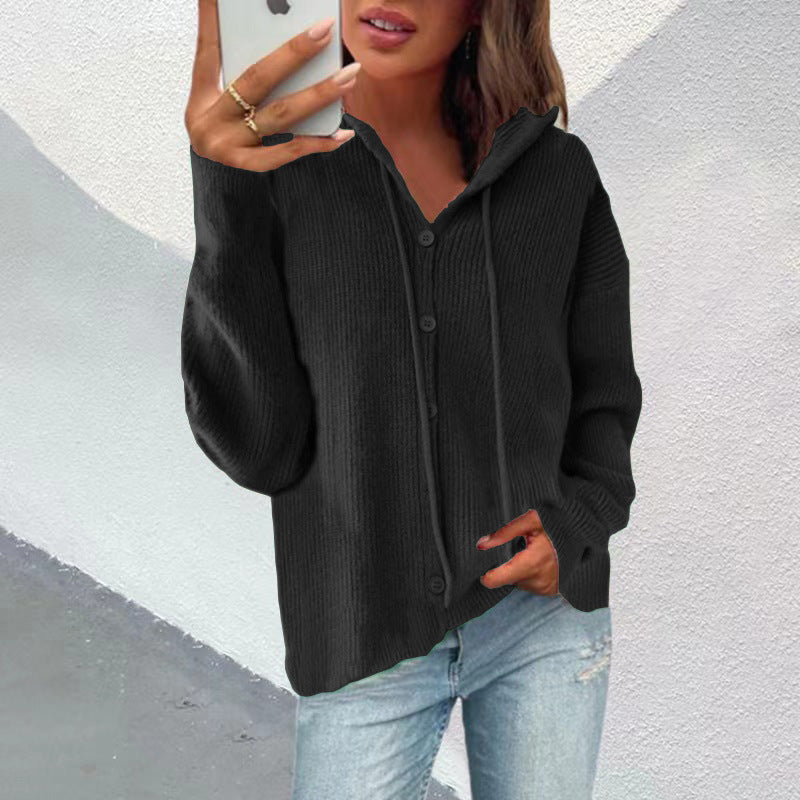 Damen Strickjacke Kapuze Knopfleiste Elegante Oberbekleidung