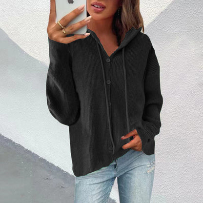Damen Strickjacke Kapuze Knopfleiste Elegante Oberbekleidung
