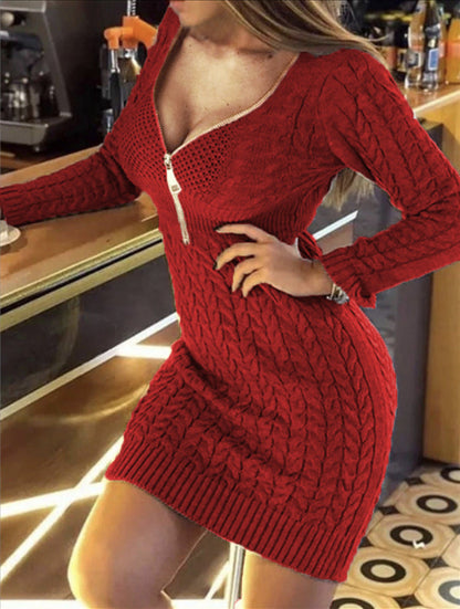 Damen Strickkleid Zopf Muster Elegant Lang