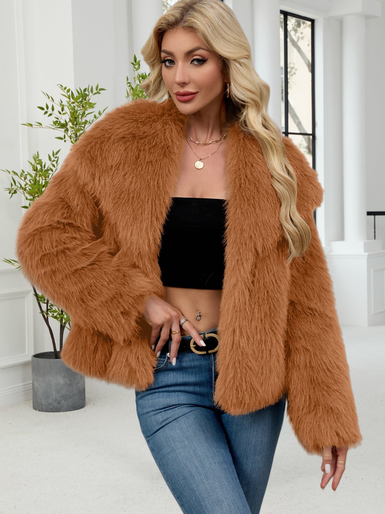 Damen Oversized Kunstpelz Jacke Weich Voluminös