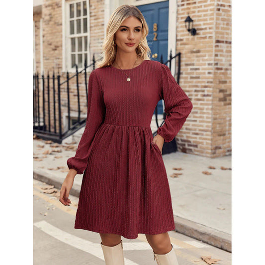 Damen Kleid Langarm Plissee Elegant Casual - IdealeKleiden