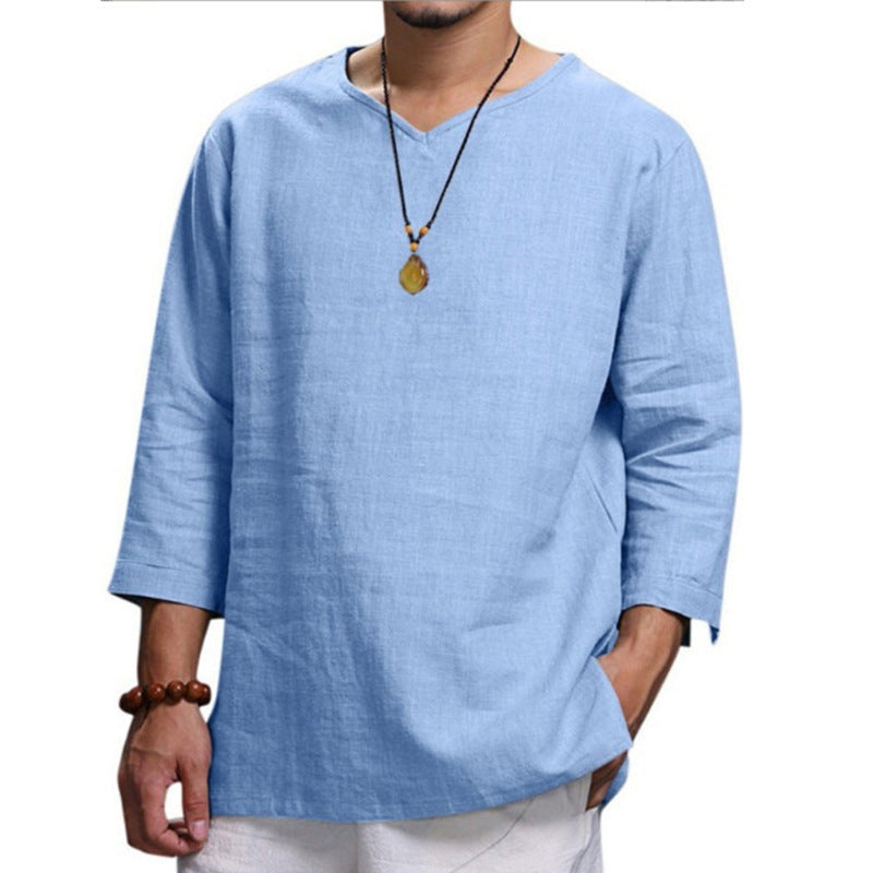 Herren Leinenhemd Sommer V-Ausschnitt Bequem - IdealeKleiden