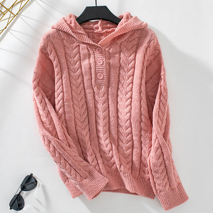 Damen Strickpulli Kapuze Zopf Muster Winter