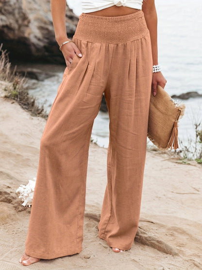 Damen Leinenhose Weit Bequem Faltenrock Effekt