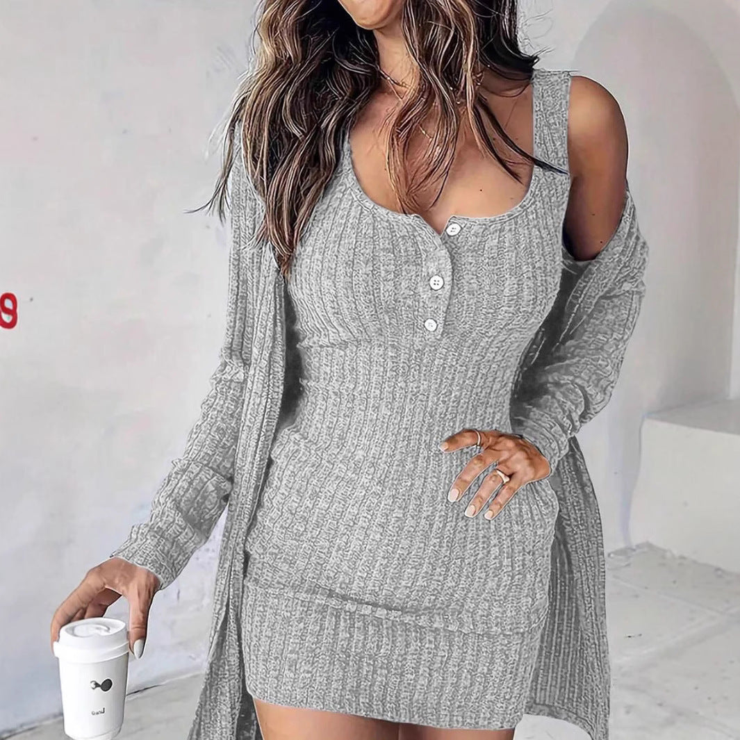Damen Strickkleid Elegant Mit Knöpfen