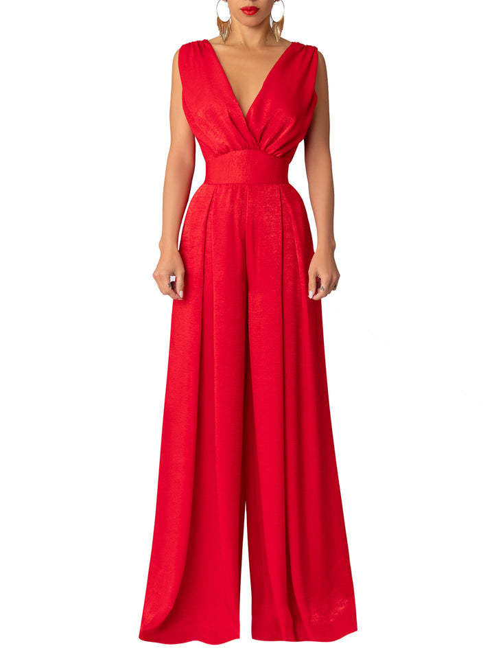 Damen Jumpsuit Elegant V-Ausschnitt Weite Bein