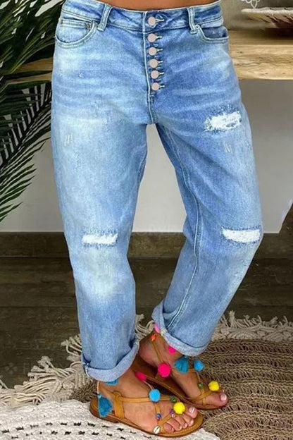 Damen Boyfriend Jeans Ripped Trendy Knopfleiste