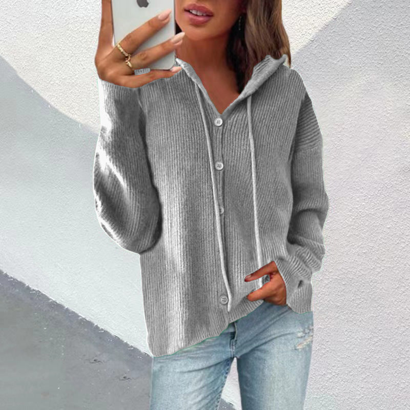 Damen Strickjacke Kapuze Knopfleiste Elegante Oberbekleidung