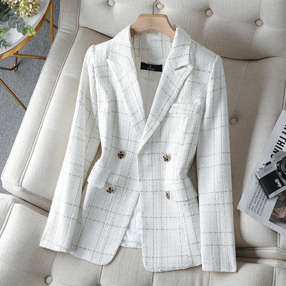 Stylischer Blazer Tweed Optik Doppelreihen Knöpfe Karomuster