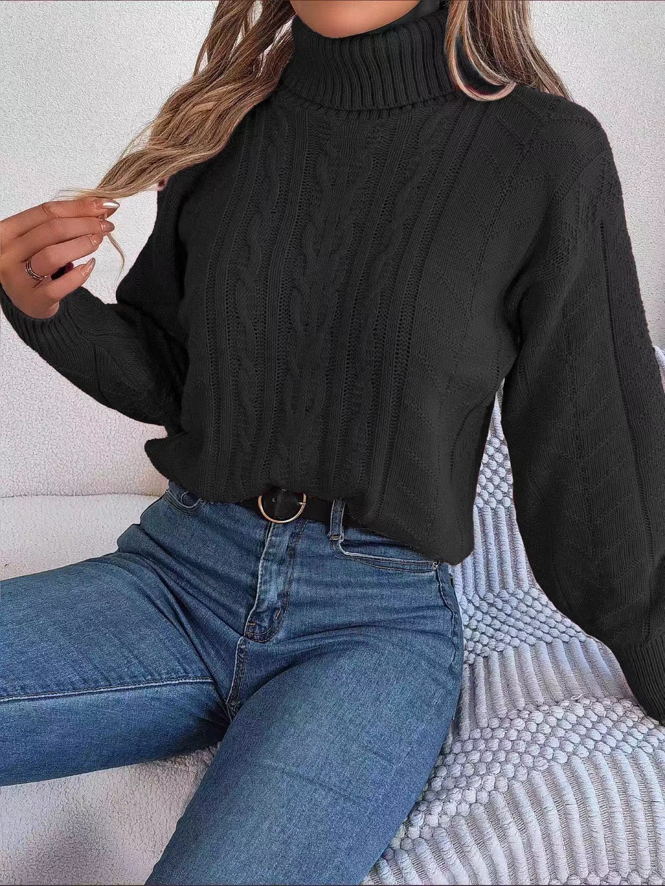 Damen Strickpullover Stehkragen Zopf Muster