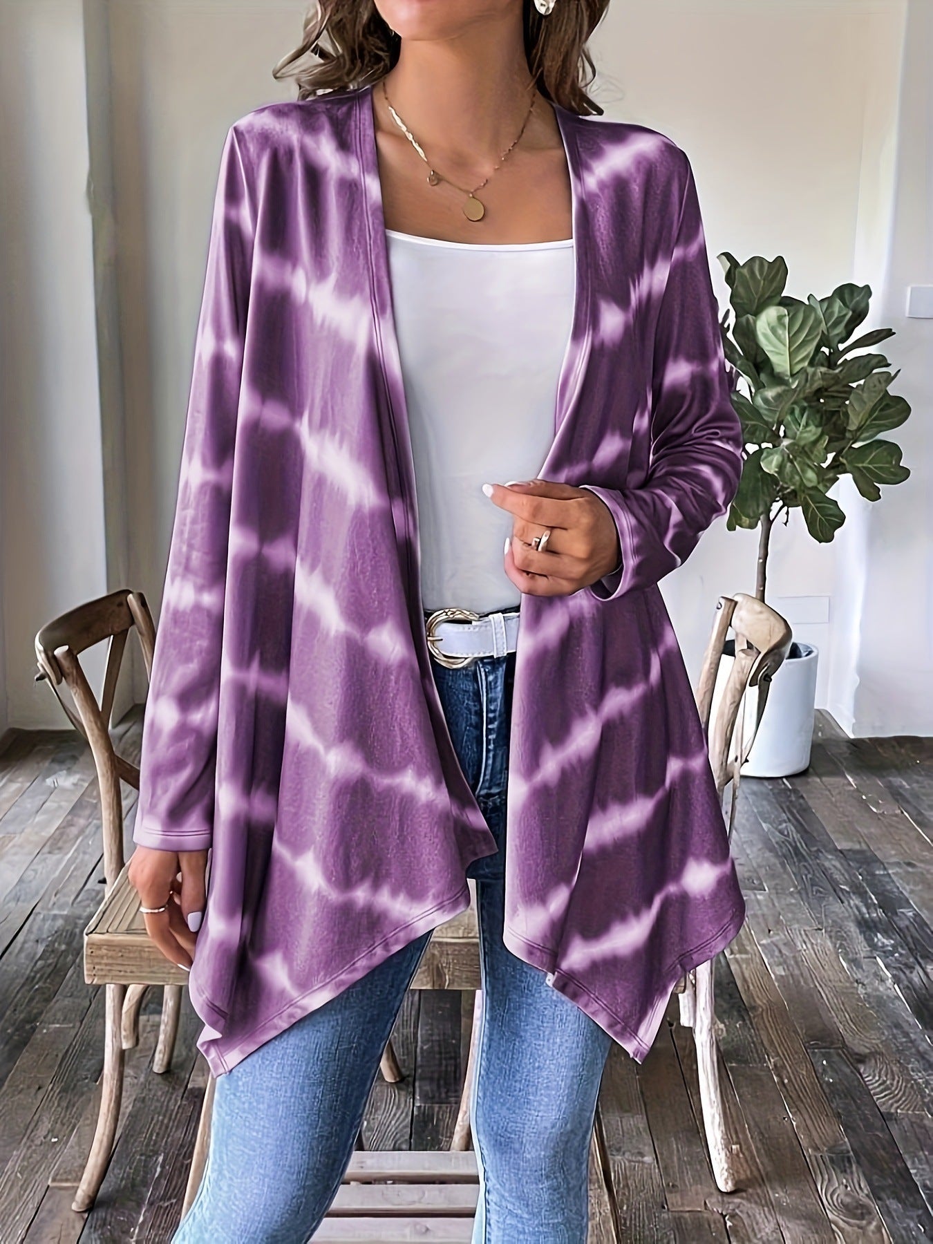 Lange Cardigan Offene Vorderseite Batik Muster Frauen