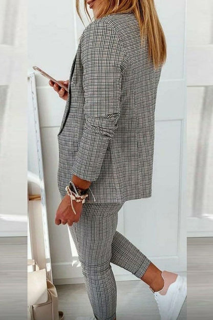 Karo Blazer Mantel & Kordelzughose Set - IdealeKleiden