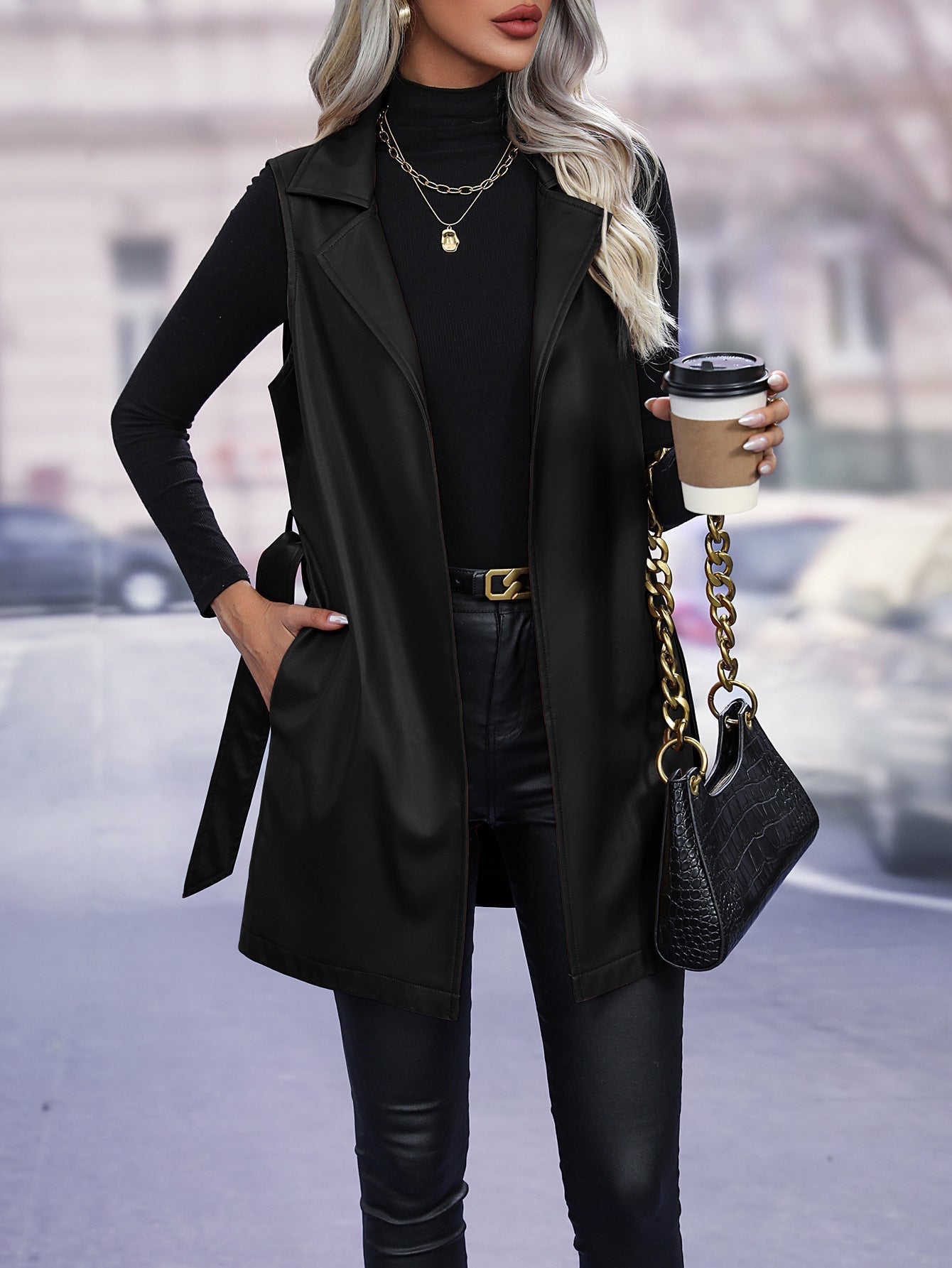 Kleid Lederoptik Taille Gürtel Ärmellos Oversized