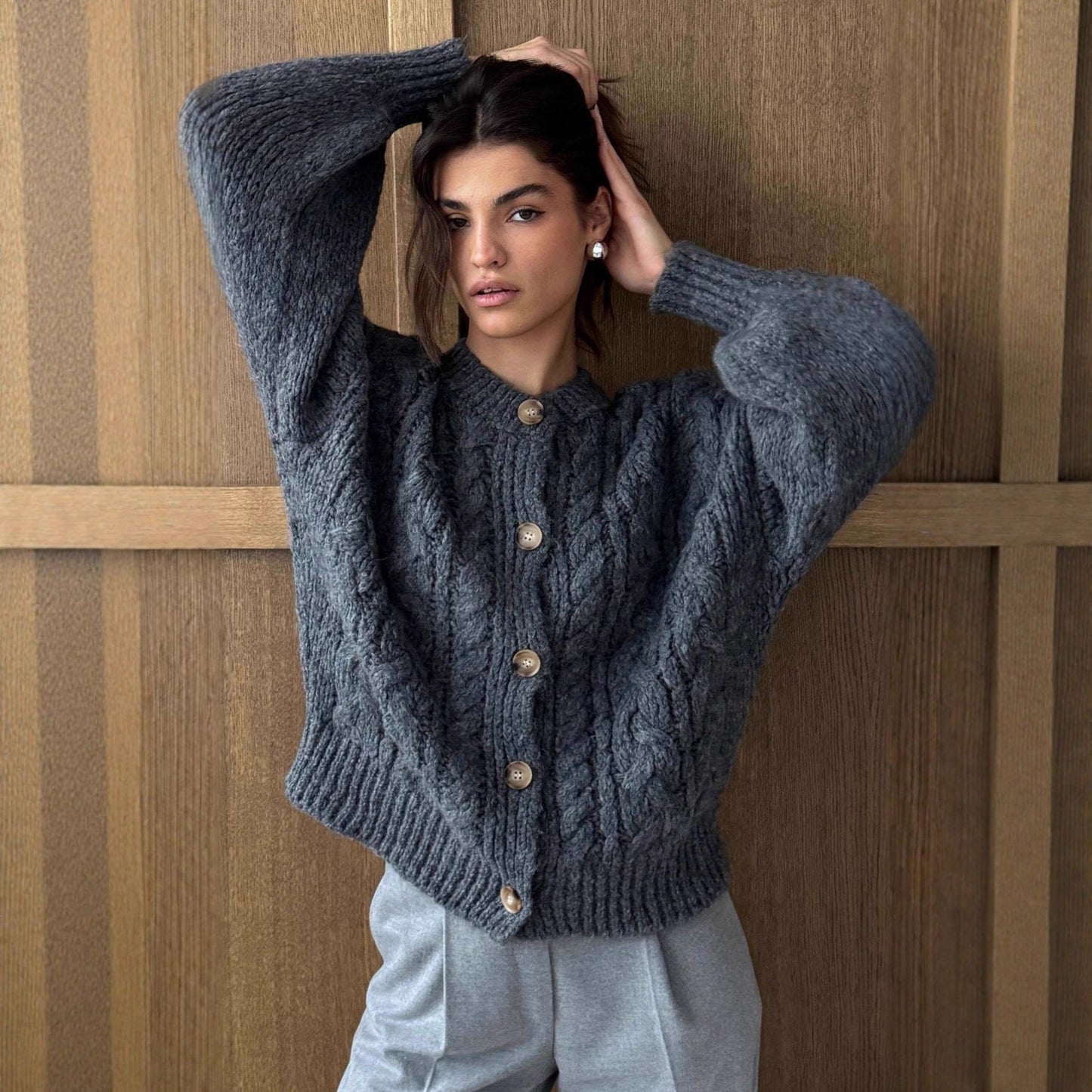 Damen Strickjacke Grobstrick Elegante Knöpfe - IdealeKleiden