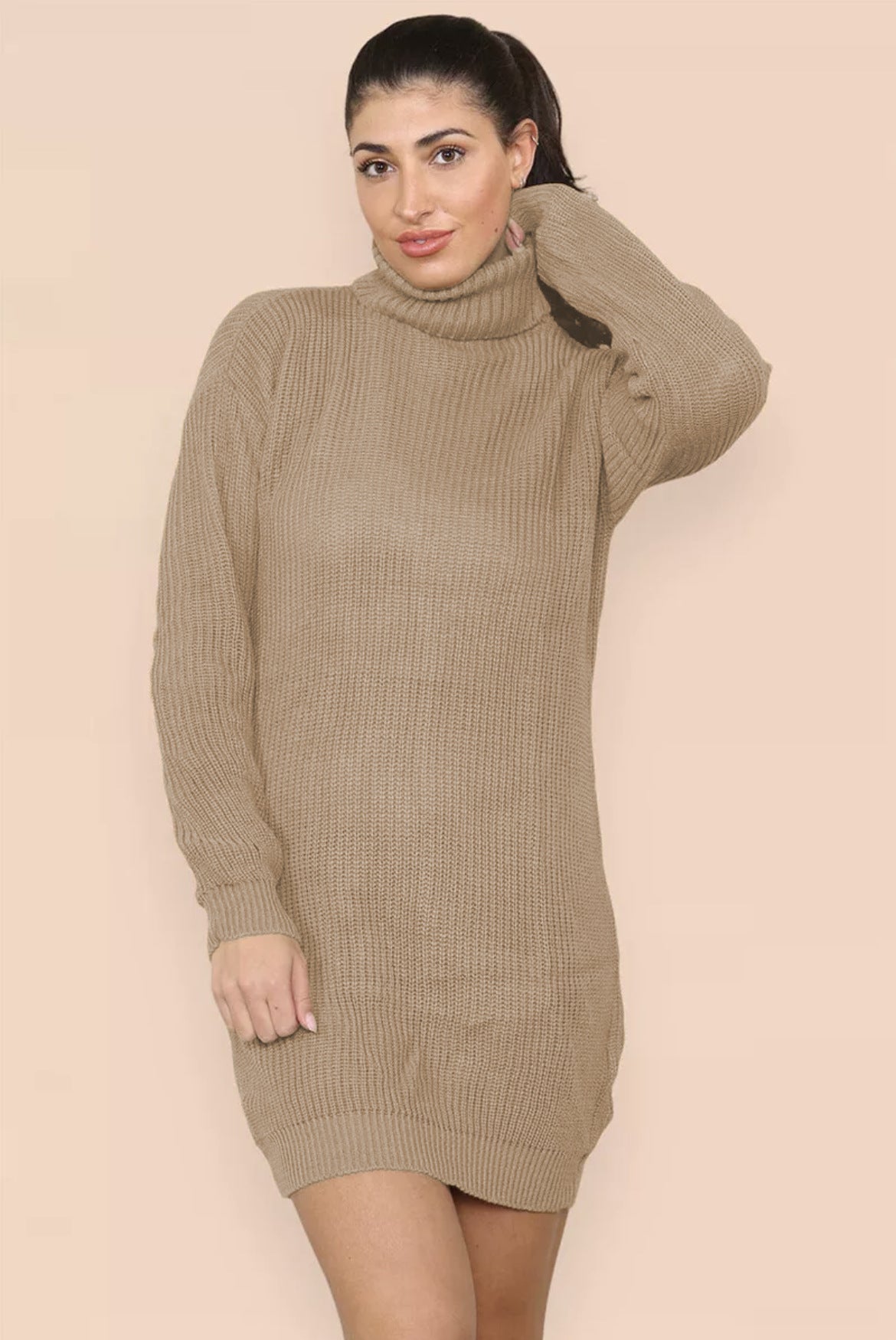 Damen Strickkleid Hochkragen Gestrickt Elegant