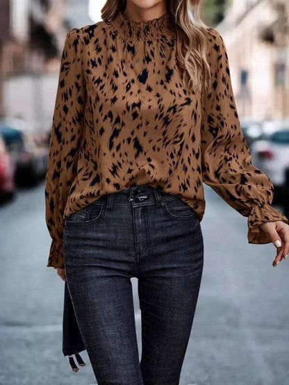 Damen Bluse Elegant Tiermuster Rüschenkragen