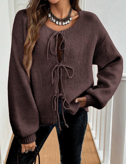 Damen Strickpullover Weich Großzügig Schnürdetail