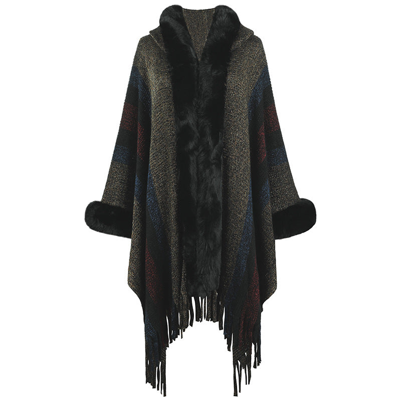 Damen Poncho Lang Luxus Faux-Fell Kragen