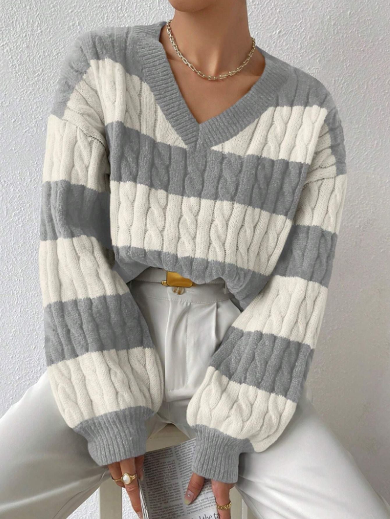Damen Strickpullover V-Ausschnitt Langärmlig Elegantes Design