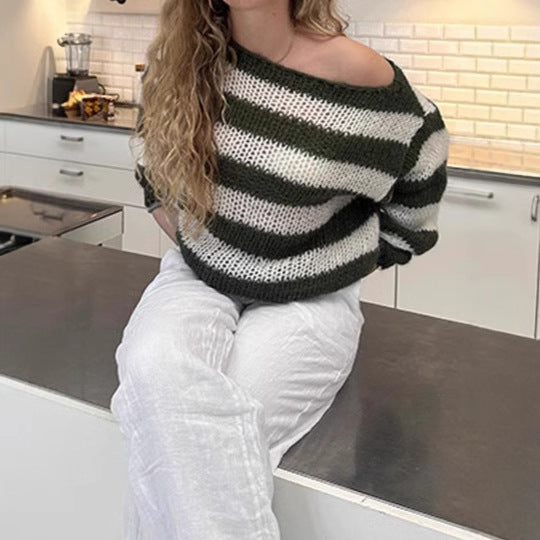 Damen Pullover Großes Streifenmuster Weite Ärmel