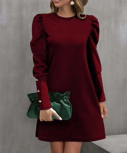 Damen Minikleid Rundhals Elegantes Puffärmel Kleid