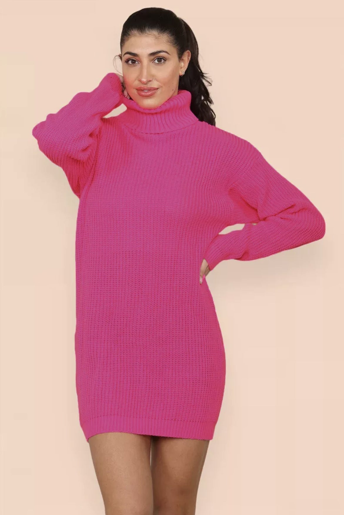 Damen Strickkleid Hochkragen Gestrickt Elegant