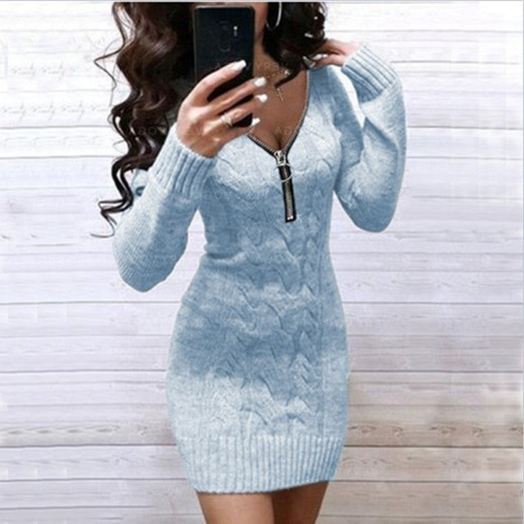 Damen Strickkleid mit Reißverschluss und Zopfmuster