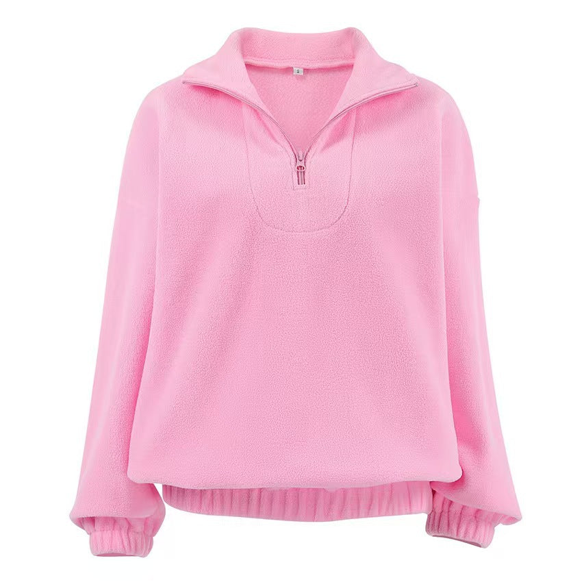 Damen Fleece Pullover Weich Kurz Reißverschluss
