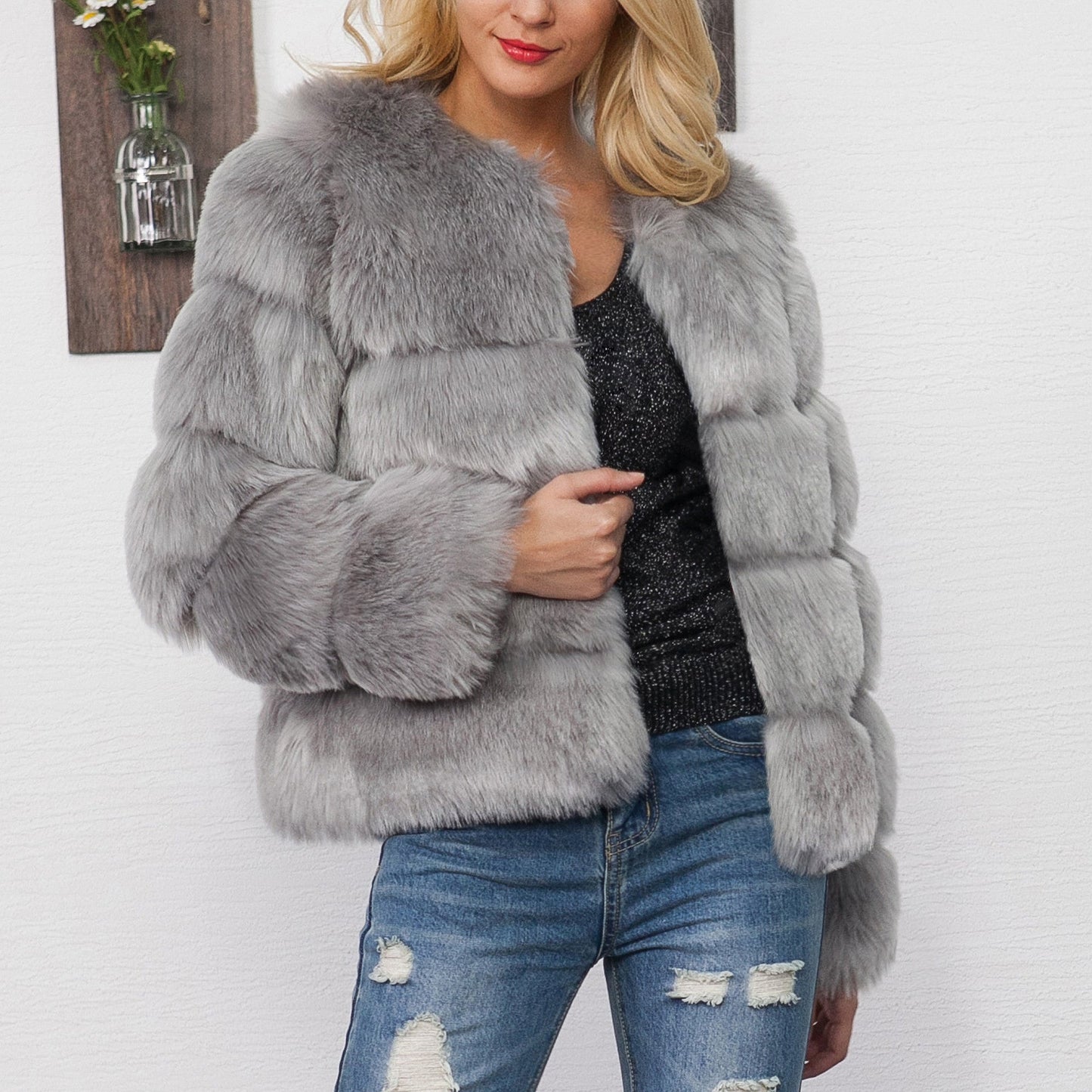 Damen Kunstpelz Jacke Weich Voluminös Elegantes Design