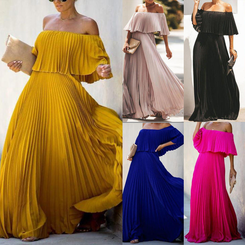 Damen Maxikleid Schulterfrei Plissiert Elegant - IdealeKleiden