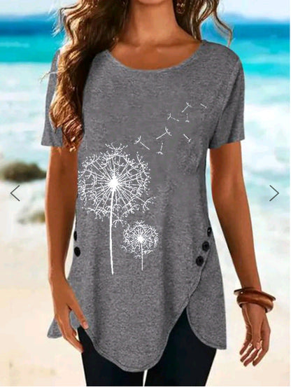 Damen Top Kurzarm Asymmetrisch Dandelion Print