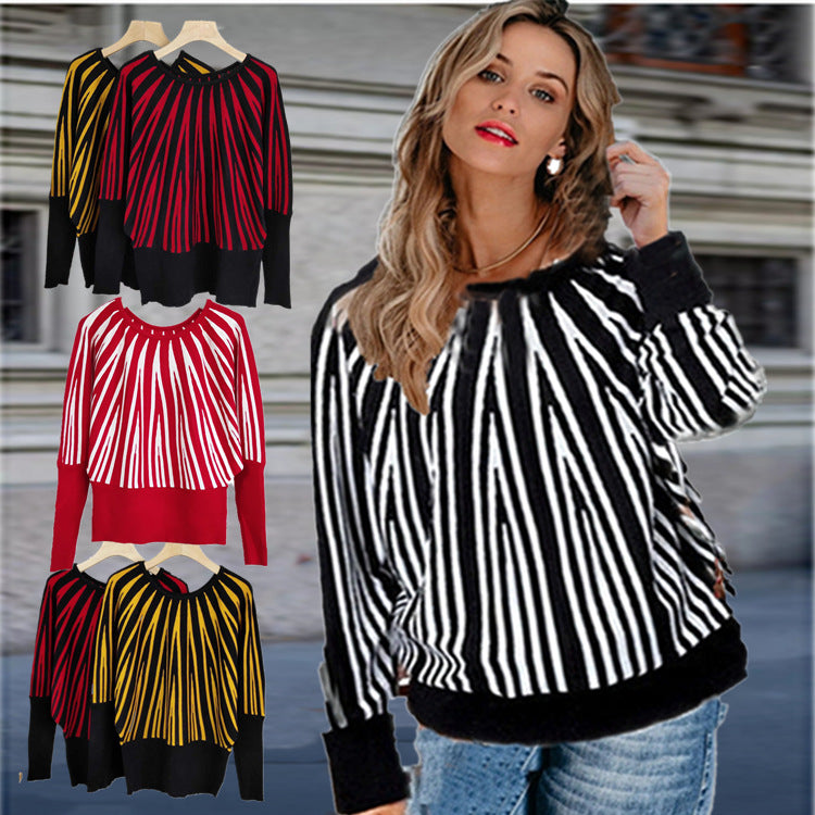 Damen Pullover Weich Streifenmuster Oversized - IdealeKleiden