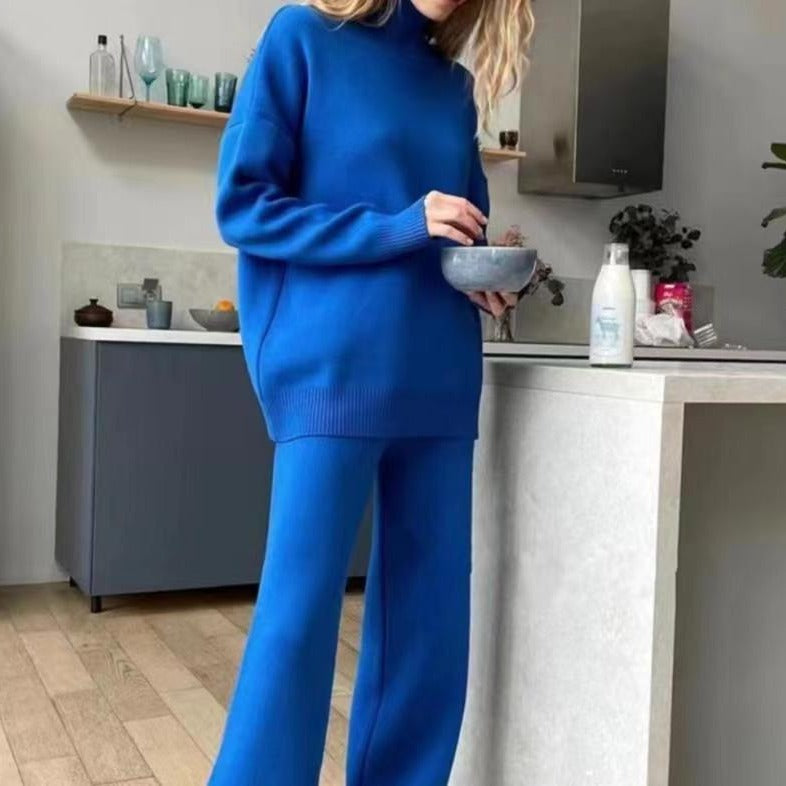 Damen Strickoutfit Hochkragen Weite Bein - IdealeKleiden