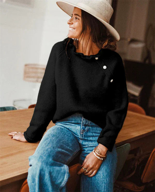 Damen Pullover Wollstrick Rüschenkragen Lockere Passform