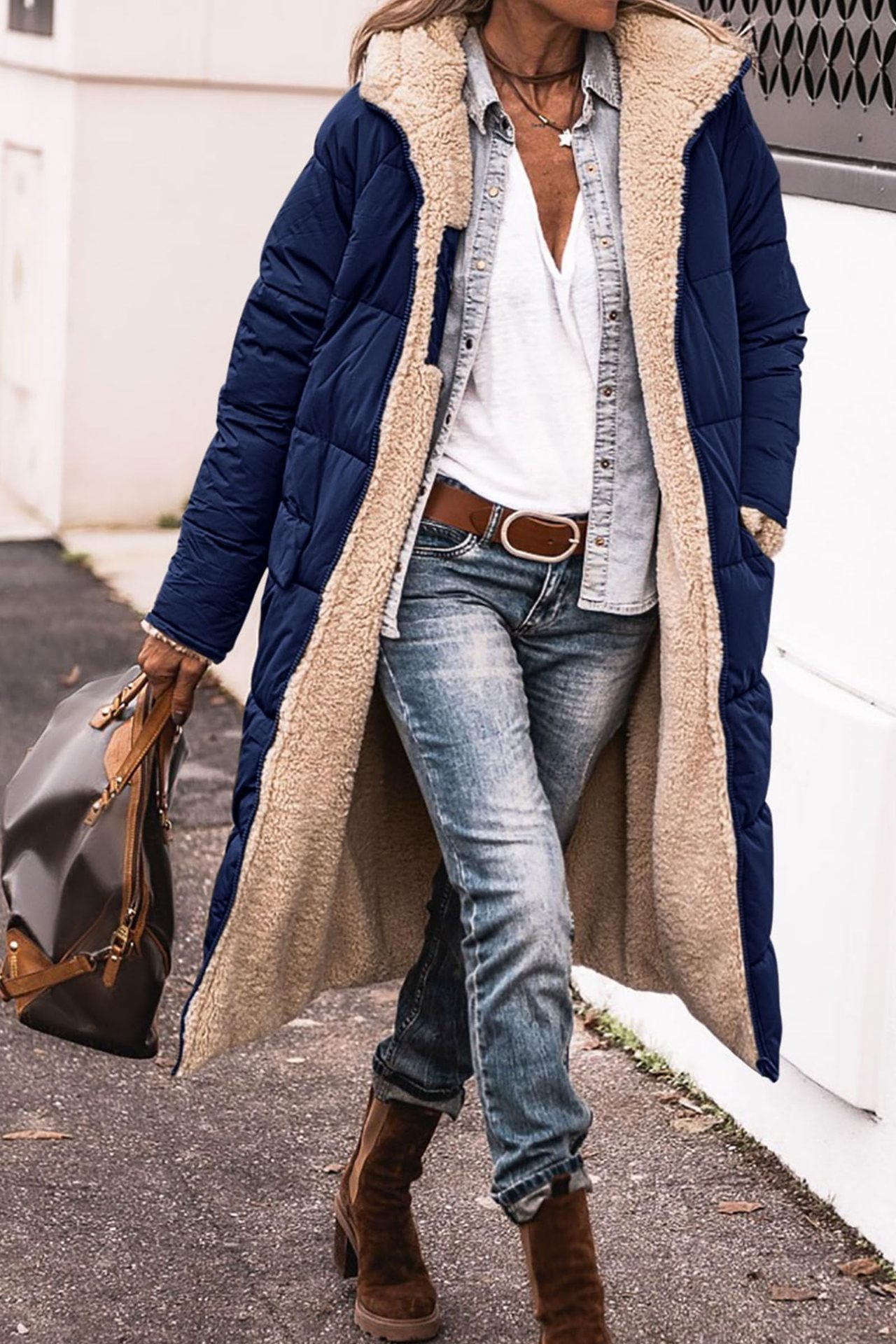 Damen Steppjacke Lang Kuschelig Fleece Winterjacke