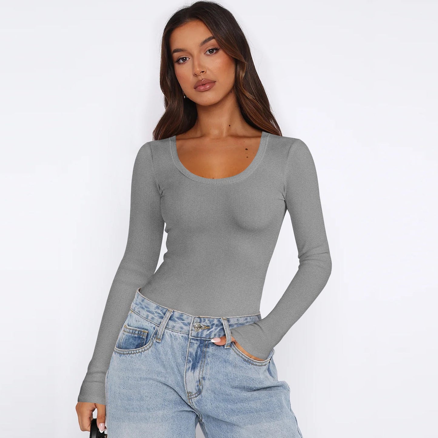 Damen Langarmtop Feinripp Rundhals Elegant