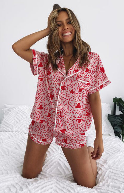 Damen Pyjama Set Kurzarm Schleifenmuster Süß