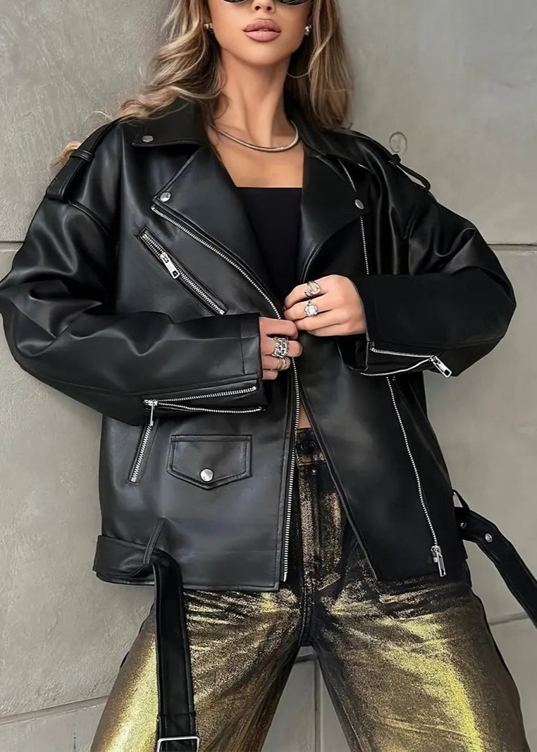 Moderne Lederjacke Bikerstyle Schwarz - IdealeKleiden