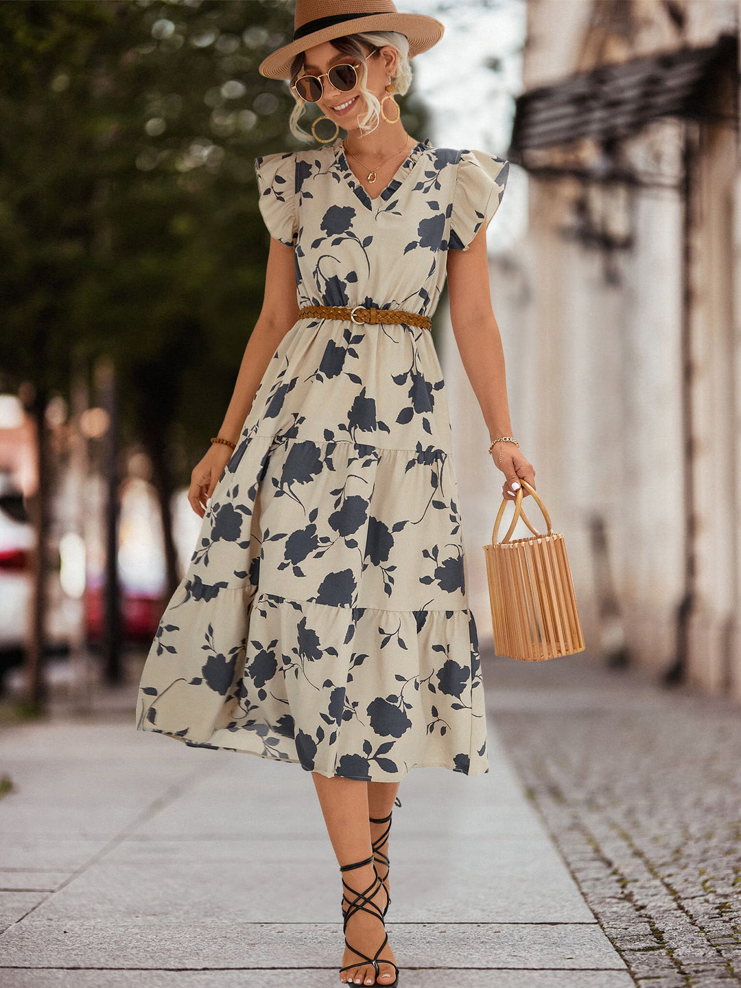 Frauen Midi-Kleid Blumenmuster Rüschen Elegant Geschnürt