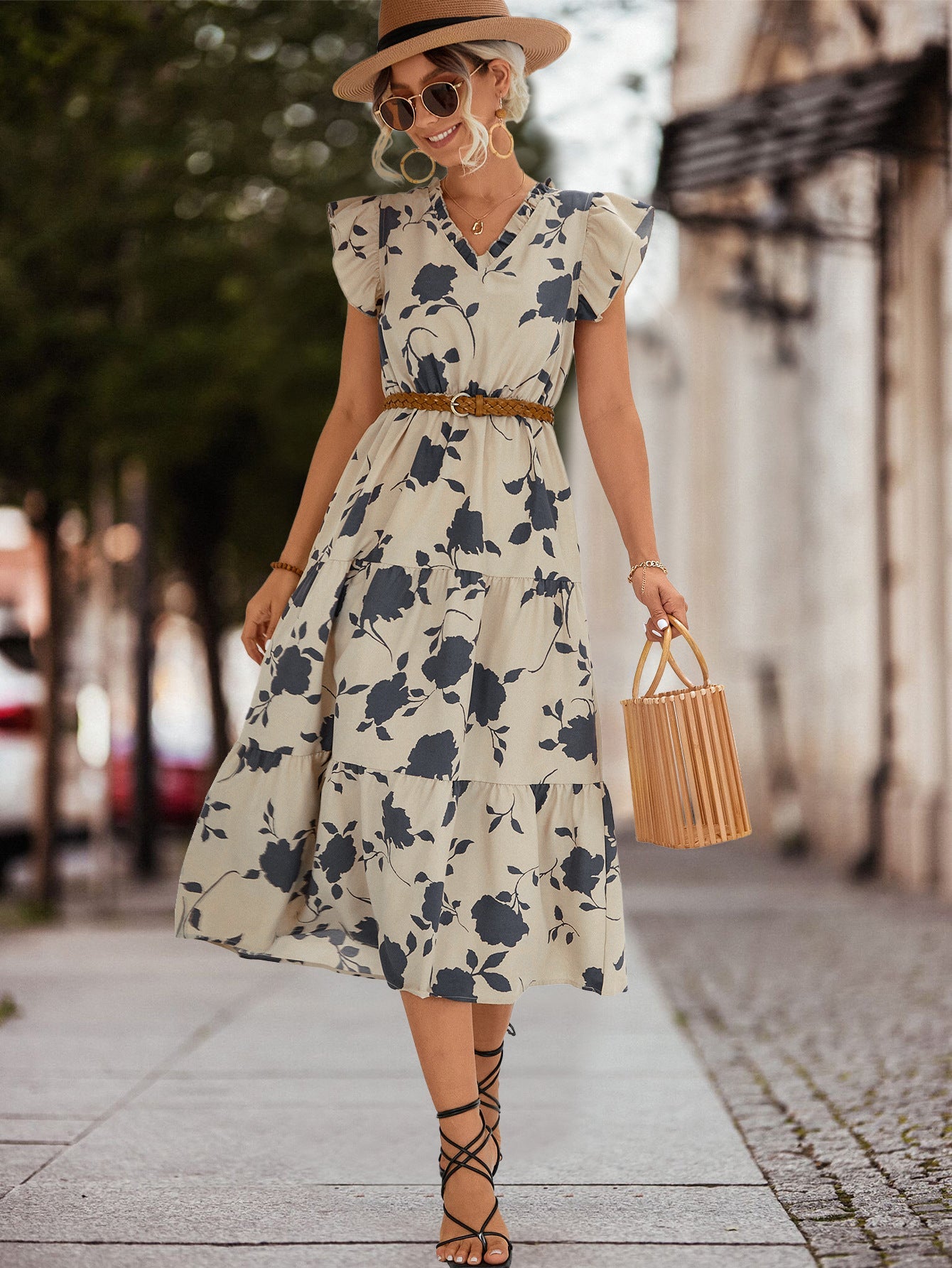 Frauen Midi-Kleid Blumenmuster Rüschen Elegant Geschnürt