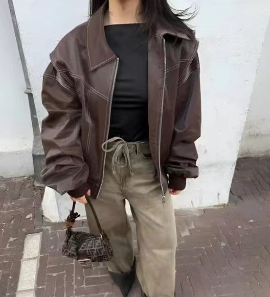 Große Damen Lederjacke Chic Oversized Design
